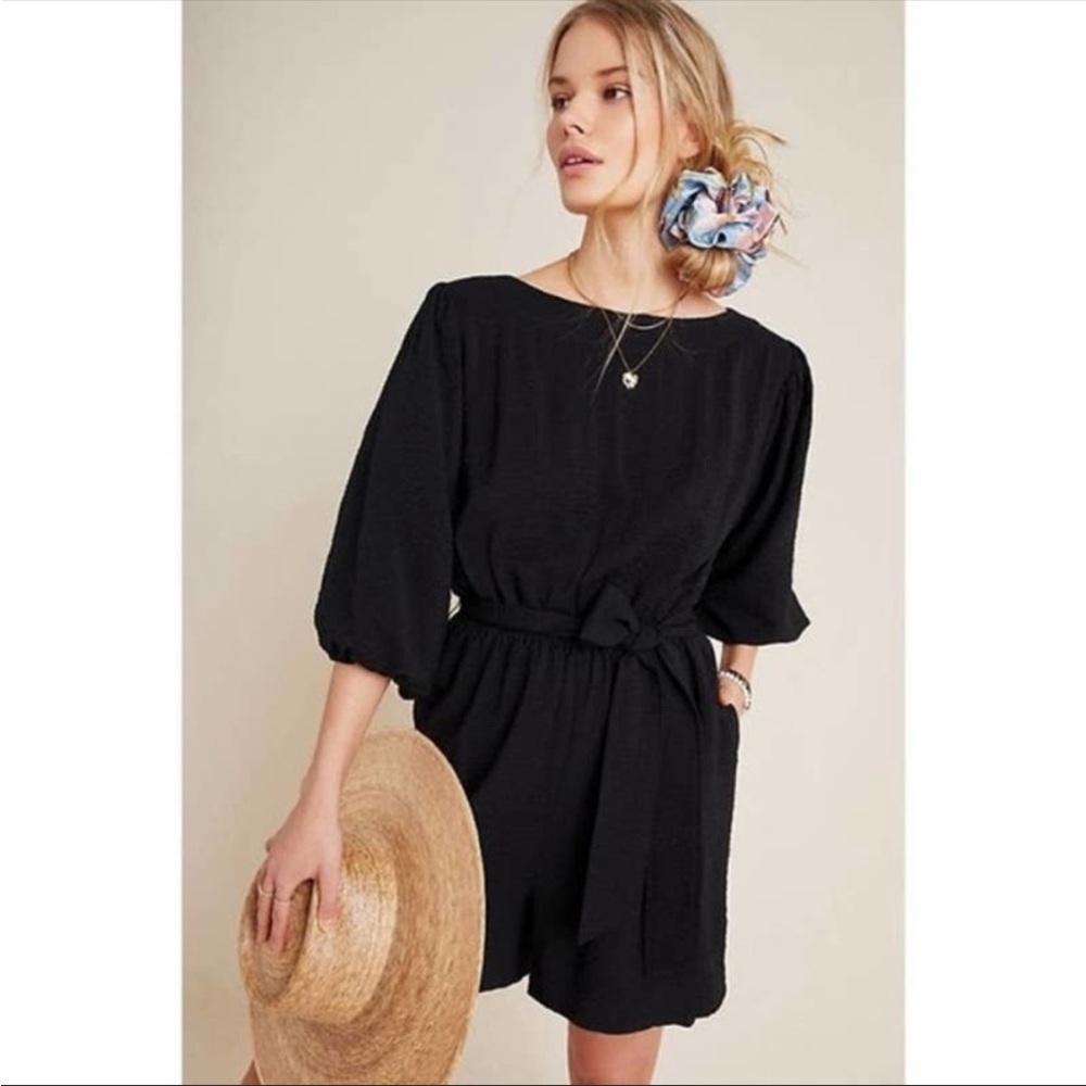 Anthropologie Black Short-Sleeve Belted Romper
